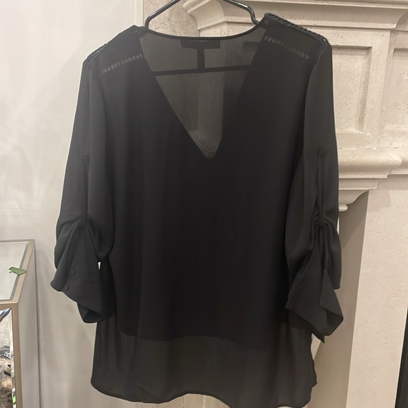 BCBG black v-neck sequins shoulder detail, high low blouse. Size medium. - Picture 7 of 7